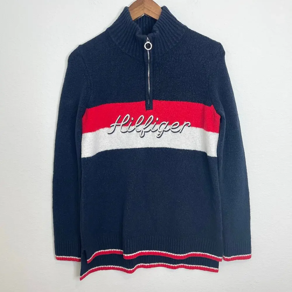 Tommy Hilfiger Quarter Zip Sweater Men’s Medium Navy Red White Logo Pullover